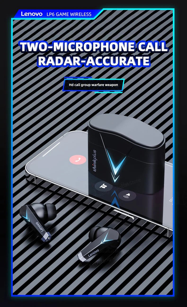 Auscultadores originais Lenovo LP6 TWS para jogos, sem fios, com cancelamento de ruído, HIFI, música, Bluetooth, com modo duplo