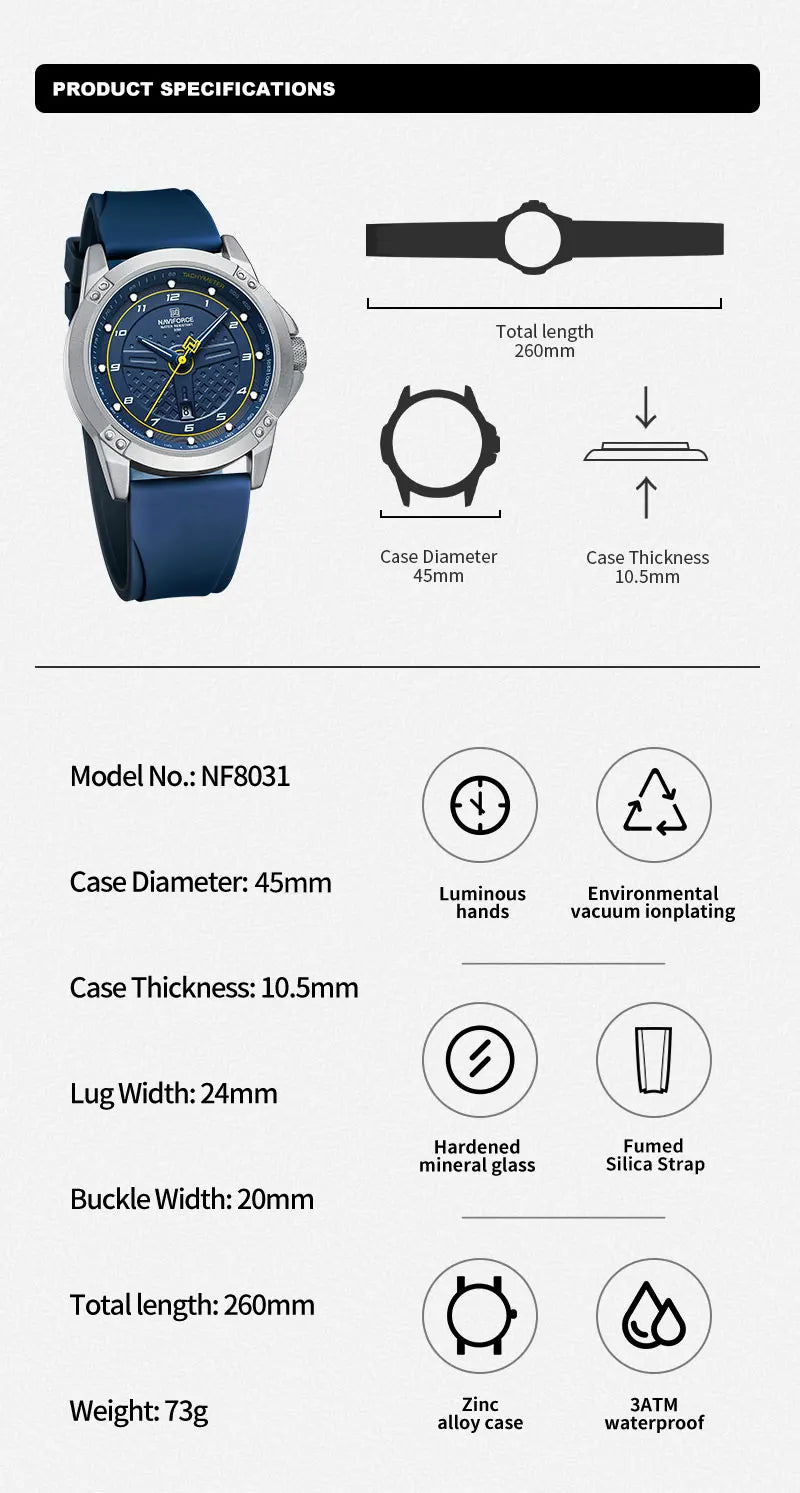 NAVIFORCE Relógio de pulso casual de quartzo, moderno, impermeável, desportivo, com bracelete em silicone, luminoso, relógio para homem
