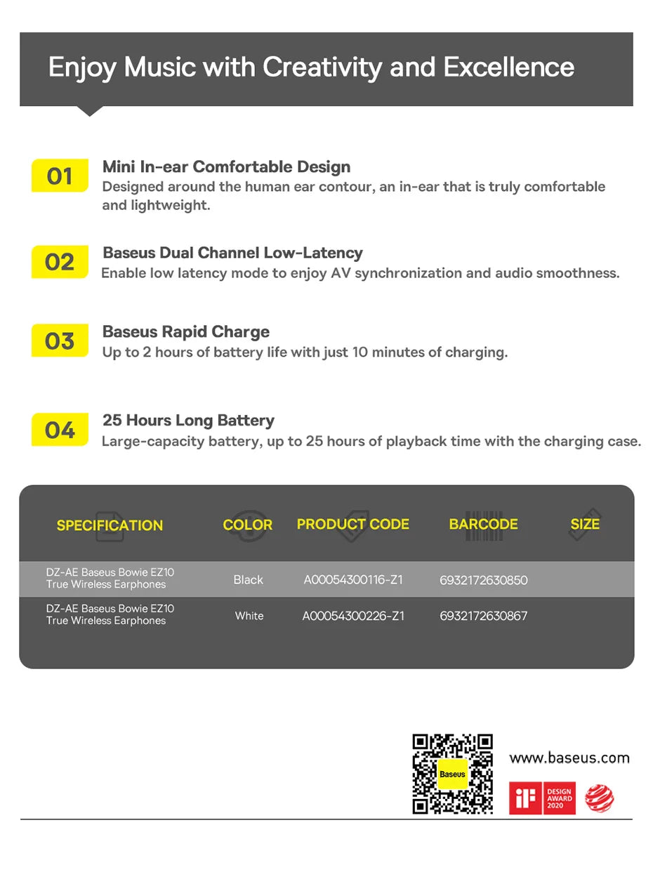 Baseus Bowie EZ10 Auricular sem fios Bluetooth 5.3 com carregamento rápido, 0,06' de baixa latência, auricular sem fios HiFi mini desportivo