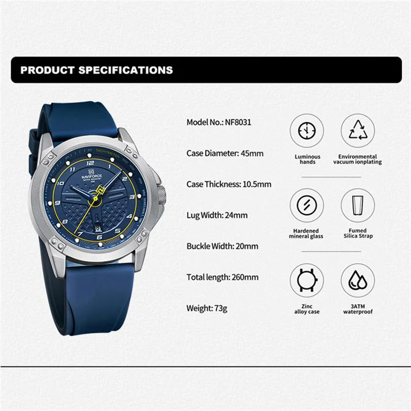 NAVIFORCE Relógio de pulso casual de quartzo, moderno, impermeável, desportivo, com bracelete em silicone, luminoso, relógio para homem